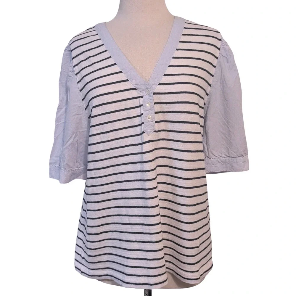 LOFT Striped Henley Top XL White Navy Mixed Media Puff Sleeve Nautical Preppy